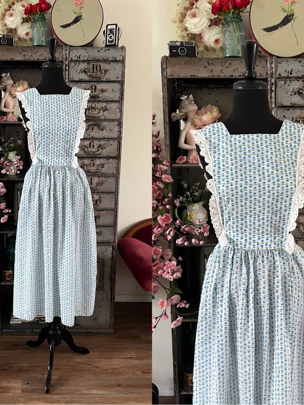 Vintage 70's Blue Floral Cottagecore Apron